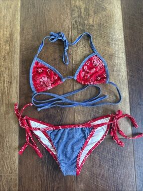 Red Bandana & Blue Denim Tie-Back Bikini Set